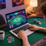 Player strategizing KJC poker game on laptop in cozy home environment with coffee and poker chips.