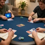 Players engaging in online poker at https://rr888.shopping/, analyzing strategies, cozy home atmosphere
