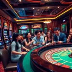 Lô Đề Trực Tuyến players enjoying a lavish casino atmosphere with vibrant slot machines and poker tables.