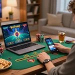 F8BET player enjoying live dealer game on laptop at home, showcasing modern online gambling atmosphere.