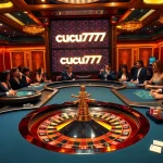 Experience the thrill of cucu777 at a high-stakes casino with poker tables and vibrant players.