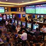 Engaged patrons placing bets on shbet during live sports events at a dynamic casino