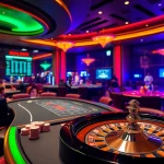 Experience the thrill of gambling at https://fo88.ltd/, showcasing vibrant poker tables and roulette wheels in a luxurious setting.