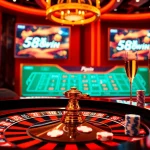 Experience the thrilling atmosphere of 58win with an online gambling table featuring poker chips and a roulette wheel.