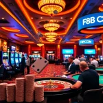 Exciting gameplay at F8BET COM casino with vibrant slot machines and roulette tables.