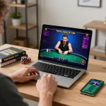 Player enjoying online poker on 777VIP at home, showcasing smart device and cozy setup.
