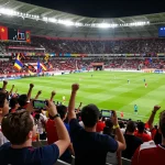 Fans cheering for their team while checking live scores on Nowgoal during an exciting football match.