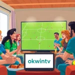 Excited fans enjoying a football match on OKWINTV in a lively living room.