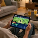 Engaging in online cricket betting on Crickex, showcasing live match interface and cozy home atmosphere