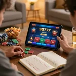 Player engaging with SG777 online casino app while focused on strategy notes and casino chips.