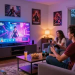 Friends enjoying interactive sex games in a cozy living room.
