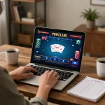 Player engaging in online poker on 789CLUB platform, showcasing detailed game interface from their home office.