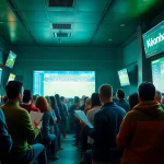 Exciting sports betting atmosphere showcasing keonhacai on screens with fans analyzing odds.
