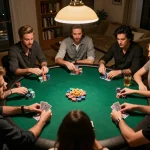 Engaged poker players enjoying a game at home with bdtk66, showcasing strategic moves and social interactions.