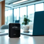 Showcase the AT99 device in a sleek office setting, highlighting its innovative design and professional atmosphere.