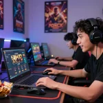 Exciting gaming atmosphere with nhà cái sunwin platform on a laptop surrounded by gaming essentials.