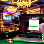 Sbobet login indonesia interface displayed on a laptop amidst a luxurious casino atmosphere, showcasing vibrant gambling elements.