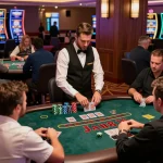 Players enjoying a lively blackjack game at Jun88 casino with engaging dealers and vibrant atmosphere.