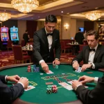 Players strategizing at a blackjack table during a thrilling game at https://vtr88.co/ with rich decor and warm lighting.