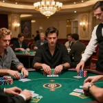 Nohu90 players intensely strategizing at a high-stakes poker table in a luxurious casino