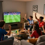 Friends enjoying a football match on LuongSonTV in a vibrant living room setting.