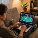 A player enjoying the online casino experience with nhà cái xx88, engaged in a live poker game on their laptop.