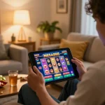 Engaging in MEGA888 gameplay on a tablet in a cozy home setting with snacks