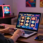 Enjoying online casino games at https://shbetac.co in a cozy home office setting with vibrant slot graphics.