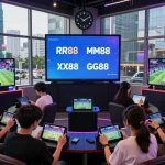 KJC onl dynamic entertainment hub with diverse users engaging in gaming, showcasing brand logos RR88, MM88, XX88, GG88.