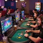 Onbet online gaming scene with players enjoying poker and slot games, vibrant atmosphere.