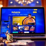 Link đăng nhập Nhatvip on a mobile device and laptop, showcasing online gambling excitement.