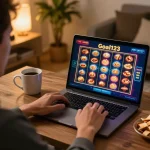 Engaging gameplay at goal123 casino online, using laptop to play slots with a cozy home setting.