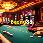 Players enjoying a thrilling poker game at Bong88, surrounded by vibrant casino elements.