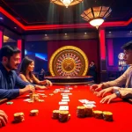 Gamblers enjoy poker at a vibrant casino table, capturing the essence of excitement at https://tx88.green/.