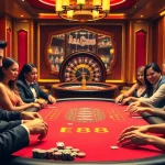 Players enjoy an exciting poker game at the EE88 casino table, showcasing vibrant gambling energy.