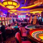 Players enjoying thrilling moments at 23win's vibrant casino with exciting slot machines and poker tables.