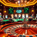 Experience thrilling gameplay at G28's modern casino with vibrant poker tables and dynamic slot machines.