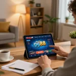 Engaging in đăng ký gg88 online casino setup, showing tablet gaming, warm and inviting home atmosphere.