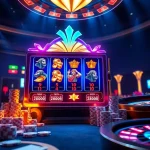 Rasakan sensasi kemenangan di slot88 dengan adegan kasino yang menarik menampilkan mesin slot yang elegan dan elemen taruhan yang cerah.