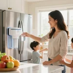 Mom filling a glass with water from the Filterlogic LT1000PC ADQ747935 MDJ64844601 NSF Certified Refrigerator Water Filter in a bright kitchen.