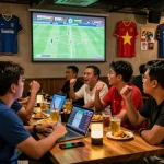 Soi kèo v league enthusiasts enjoying a lively football match at a sports bar.