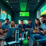 Engaged sports enthusiasts analyzing keonhacai betting odds in a vibrant lounge.