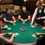 Players strategizing in a high-stakes poker game at MM88 casino with focused expressions.