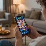 Player enjoying U888 app on smartphone while relaxing at home, showcasing engaging gaming experience