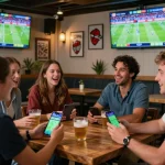 A group watching live sports and placing bets on 98win, enjoying an exciting outdoor atmosphere