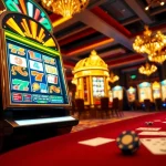 Situs Gacor slot machine in a luxurious casino environment showcasing vibrant colors and gambling excitement.