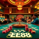 Players enjoying poker at EE88’s luxurious casino table, vibrant chips and cards in action.