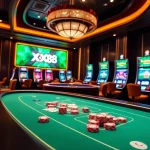 Experience the thrill of gambling at XX88 with vibrant gaming tables, cards, and roulette wheels.