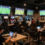 Fans placing bets on kèo nhà cái in a lively sports bar while enjoying live matches