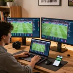 Engaged user placing bets on 68win sports betting platform at home with multiple screens displaying live events.